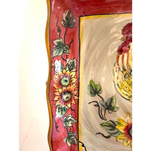 PLATTER/SERVING DISH-GALLO-Ceramic-Rooster-Sunflowers-Ruffled Edge-Decor-11"x11" - Picture 4 of 13